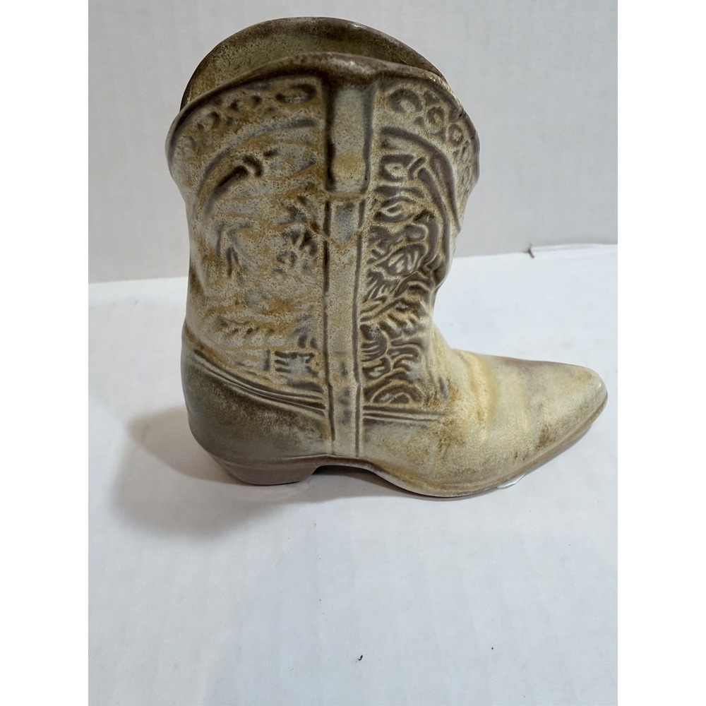 Frankoma Cowboy Boot Planter Pottery Glossy Finish Beige Brown 4 1/2 inches tall